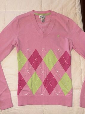 Lilly Pulitzer Pink Argyle V-Neck Pullover with Green Accents
